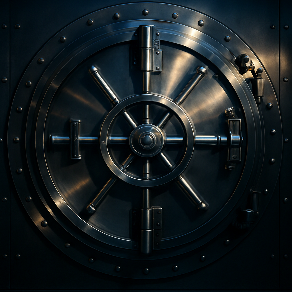 A polished steel high-security bank vault door with a circular locking mechanism